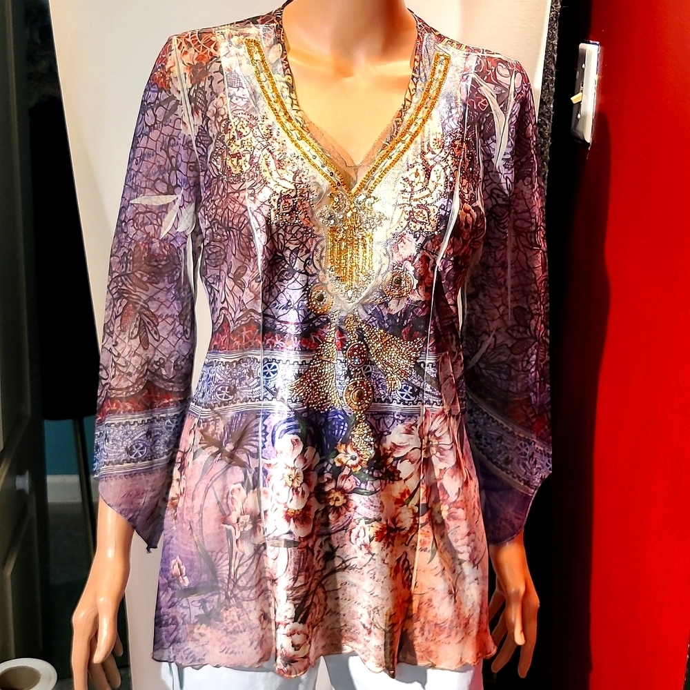 FRENCH BLUE Purple Floral rhinestone Jeweled Long Sleeve Blouse